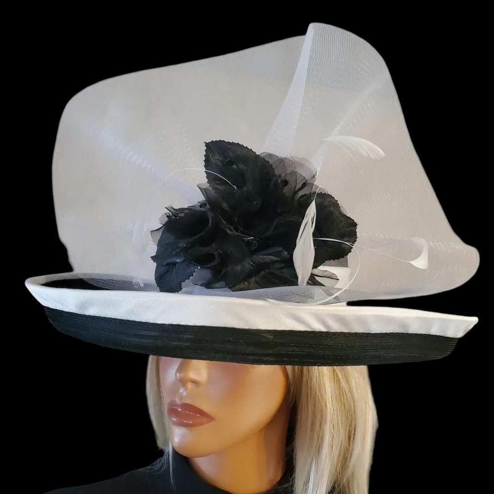 Whittail and Shon Black and White Wide Brim Fascinator Hat Feather Haute Couture